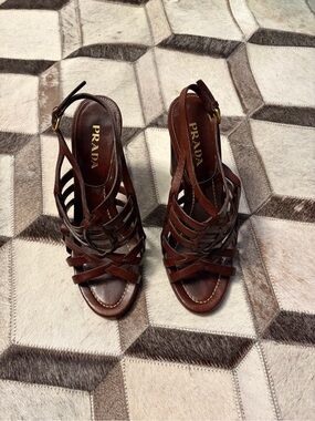 Prada  Brown Leather Madras Classic Bruciato Strappy Heeled Sandals Sz 37.5